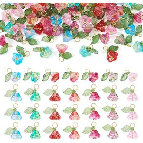 Beadthoven 56Pcs Glass Trumpet Flower Charms 7 Colors Transparent Acrylic Trumpet Pendants with Green Leaf Crystal Dangle Charms for Jewelry Making Earrings Necklaces Keychains DIY Crafts Supplies