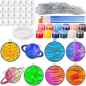 Cholemy 24 Sets Planet Sun Catcher Kit Include Suncatcher Craft with Paints Suction Cups Fishing Thread, Planet DIY Window Art Kit Paintable Suncatchers Decorations for Gifts