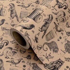WRAPAHOLIC Kraft Animal Wrapping Paper Roll - Mini Roll - 17 Inch x 16.5 Feet - Vintage Funny Trash Friends Opossum Rat Crow Cat Skunk Mouse Design Perfect for Birthday, Party, Holiday