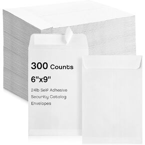 Fuutreo 300 Counts 6 x 9 Inch Self Adhesive Security Catalog Envelopes Catalog Mailing Envelopes with Adhesive Closure 24lb for Mailing Storage Organizing Home Office (White)
