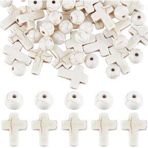 SUNNYCLUE 1 Box 160Pcs White Cross Beads 8mm Round Loose Spacer Beads Bulk 16x12mm Mini Small Synthetic Turquoise Stone Cross Bead Easter Holiday Crucifix Beads for Jewelry Making Beading Supplies