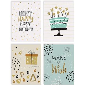 Better Office Products Happy Birthday Cards, 100-Pack, 4 x 6 inch, 4 Cover Designs, Blank Inside, with Envelopes, Elegant Gold Collection, 100 Pack