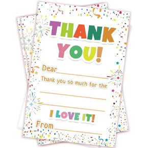 72Pcs Kids Thank You Cards, Fill in The Blank Thank You Notes with Envelopes from Teacher for Birthday (4x6 In)