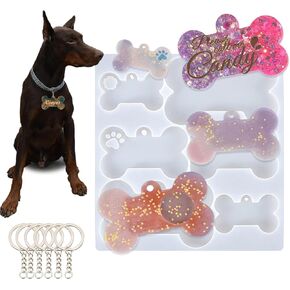 ZMD Pet Resin Molds Silicone for Dog Cat Tags, Resin Custom Bone Shape Epoxy Molds with 6Pcs Keychains Ring Personalized Gift for Dogs Cat Keychains DIY Crafts Making Tag Charm Pendant