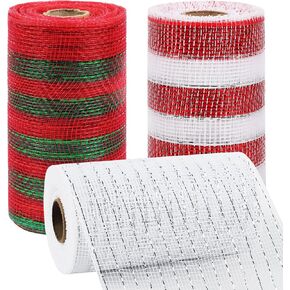 3 Rolls Mesh Ribbon for Wreaths, 6 Inch x 30 Feet Each Roll Red Green White Poly Deco Mesh Rolls, Christmas Ribbon for Wreaths, Swags and Christmas Tree Decoration