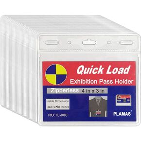 250 Pack - WTQ Quick Load ID Badge Holders (Fit 4x3in Insert), Horizontal, Zipperless, Quick Open Vinyl Pouch for Name Badge, Clear Plastic Sleeve for Tickets, Sports Cards