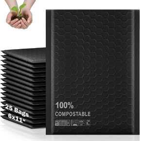 Compostable Bubble Mailers Bags 6x11 inch with Self-sealing Strip Eco Friendly Shipping Bags Envelopes for Clothing Shoes Packaging 25 Pack Black