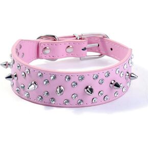 Rhinestones Dog Collar, Stylish Leather Dog Collar, with Bullet Rivets and Rhinestones, Soft and Adjustable for Medium and Large Dogs (S:12.5-15", White)