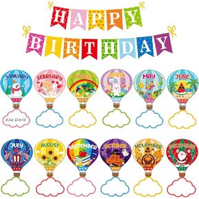 Hot Air Balloon Happy Birthday Bulletin Board Cute Holiday Birthday Board Sign Let's Celebrate Birthday Hot Air Balloon Accents Cutouts for Calendars Festival Bulletin Boards Wall Classrooms Decor