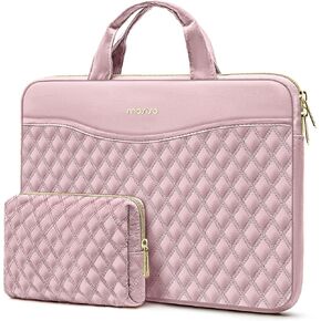 MOSISO 13.3 inch Laptop Case, 13-14 inch Laptop Sleeve Compatible with MacBook Air 13/Pro 13/Pro 14, HP Dell Acer ASUS, Rhombus Quilted Laptop Sleeve Bag with Portable Handle&Pocket&Small Case, Pink