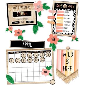 Schoolgirl Style Simply Safari 106-Piece Calendar Bulletin Board Set, Boho Neutral Classroom Calendar Set with Monthly Calendar Headers Plant Decor Days of The Week Chart, Boho Classroom Décor