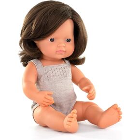 Miniland Doll 15'' Colourful Edition Caucasian Brunette Girl with Grey Rompers (Box) - Made in Spain, Anotomically Correct, Quality, Inclusion