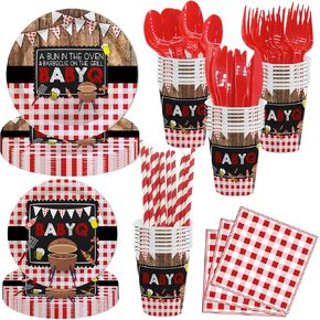 MEHOFOND 192Pcs Baby Q Baby Shower Decorations, BBQ Baby Shower Plates and Napkins Party Supplies Summer Barbecue Picnic Rustic Red and White Baby Shower Tableware for 24 Guests