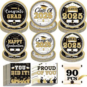 White Gold Graduation Decorations Class of 2025 Graduation Party Supplies 2025 Graduation Plates and Napkins 2025 White and Gold Graduation Party Decorations 90PCS