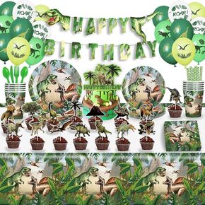 Dinosaur Birthday Party Supplies Dino Party Decorations Set Include T-Rex Banner, Plates Cups Napkins, Cake Topper, Balloons, Tablecloths for Dinosaur Theme Party