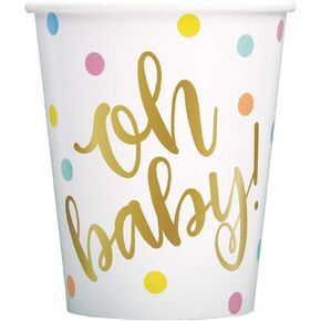 Unique Oh Baby! Baby Shower Paper Cups in Gold - 9 oz. (Pack of 8) - Durable & Convenient Party Essential, Perfect For Baby Showers & Celebrations