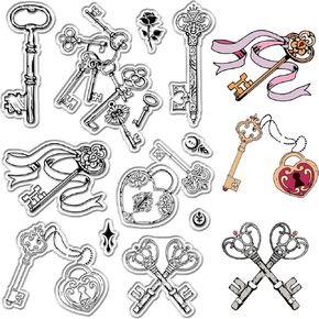 CRASPIRE Vintage Key Clear Stamps Padlock Rose Reusable Background Postmark Transparent Silicone Stamp Seals for Journaling Card Making Decor DIY Scrapbooking Supplies Album Decoration
