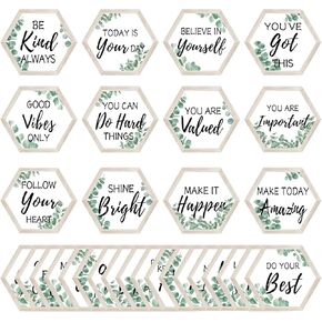 30-Styles Positive Sayings Accents Eucalyptus Motivational Classroom Cutouts Decors, 7" Growth Mindset Chips Motivational Wall Art Inspirational Quote Cards for Bulletin Board Classroom Decorations