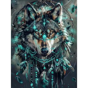 SKRYUIE 5D Wolf Diamond Painting Kits - DIY Diamond Art Kits for Adults Dreamcatcher, Full Round Drill - Crystal Cross Stitch - Adults Craft for Wall & Office Decor - 12x16 Inch
