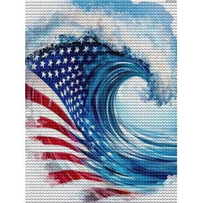 IPISSOI Wave with an American Flag Diamond Painting Art Kit for Adults DIY Diamond Art Painting Full Drill Round Gem Art for Crafts Wall Decor 12x16 Inch