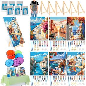 Gersoniel 6 Sets Sip and Paint Kit for Adults with Framed, Easy Paint by Numbers Kit on Canvas for Adults Beginner, with Wood Easel Acrylic Paint Set,Home Wall Decor Gift, 16x12 Inch(Landscape)