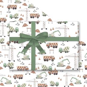 FYSUIMU 6 Sheets Construction Wrapping Paper -Not Roll- Vehicles Excavator Crane Gift Wrap Paper Bulk Folded Flat Art Paper for Birthday Baby Shower DIY Crafts, 27.6 x 39.4 Inch