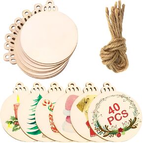 JOYFISCO 40Pcs DIY Wooden Christmas Ornaments Unfinished Predrilled Natural Wood Slices for Crafts Centerpieces Discs Holiday Hanging Decorations
