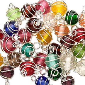 50 Wire Wrapped Round Glass Beads Matching Multicolored Handmade Silver Plated 9x8mm-10x9mm (50)