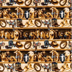 Western Cowboy Rodeo Cotton Calico Fabric by The Yard - Rodeo Ranch Old West Horses Cowboy Hat Cowboy Boot Saddle - Precut Cotton Fabric - One Yard, Brown