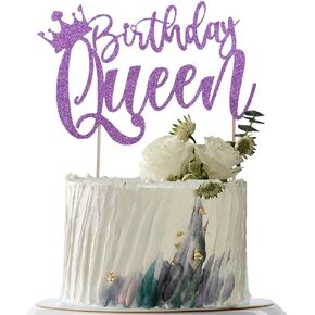 Handmade Glitter Queen Birthday Cake Topper, Happy Birthday Cake Bunting Decor, Birthday Party Decoration Supplies (Purple)