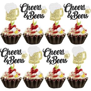 24 Pcs Cheers and Beers Cupcake Toppers and Beer Cup Ornaments Set Glitter Beer Mug Cupcake Decorations for Baby Shower Birthday Party Supplies