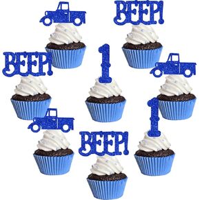 24pcs Blue Truck 1st Birthday Cupcake Topcake Topcake Blue Truck Beep Beep Beep Cake Decorations for Boys and Girls Farm تحت عنوان عيد الميلاد الأول ديكور ديكور كعكة البريق
