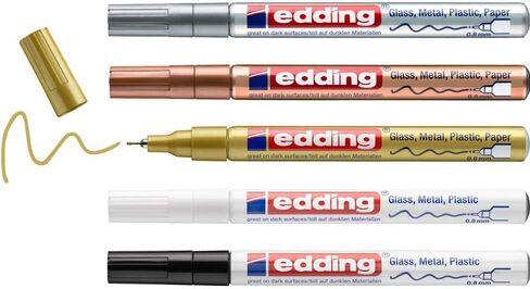 edding 780 gloss paint marker - black white gold silver copper - set of 5 paint markers - extra-fine round nib 0.8 mm - paint pen for glass, pebbles, wood, plastic, paper - waterproof, high coverage in Saudi Arabia