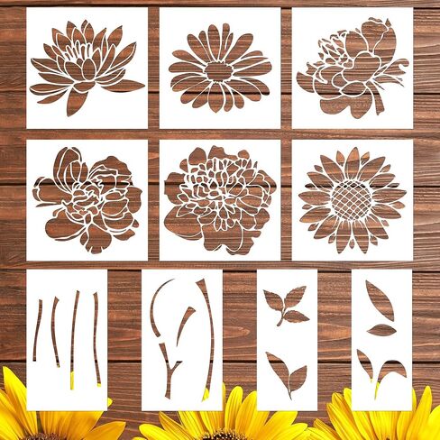 Keluna Large Flower Stencils - 10 Pcs for Painting on Walls & Wood Fence - Sunflower & Peony Designs in Saudi Arabia