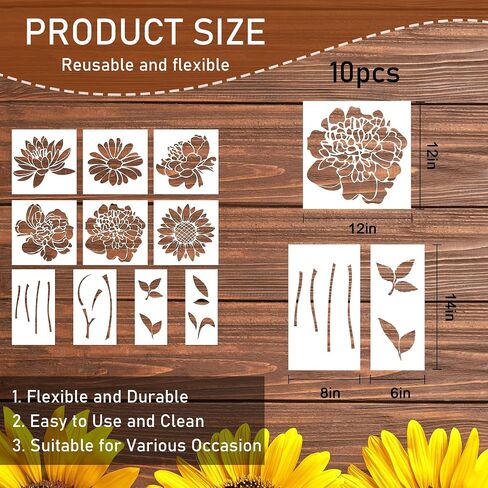 Keluna Large Flower Stencils - 10 Pcs for Painting on Walls & Wood Fence - Sunflower & Peony Designs in Saudi Arabia