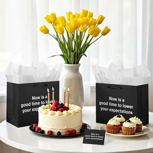 Funny Gift Bag To Lower Your Expectations Black Gag Gift Bags with Tissue Paper and Greeting Card Inappropriate Snarky Funny Birthday Gift Wrapping Paper for Office Coworker Best Friend Men Women in Kuwait