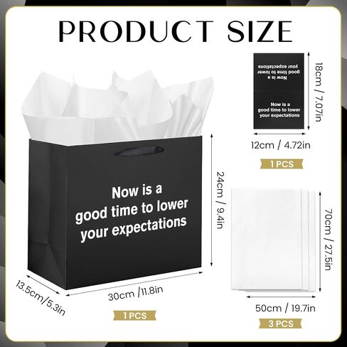 Funny Gift Bag To Lower Your Expectations Black Gag Gift Bags with Tissue Paper and Greeting Card Inappropriate Snarky Funny Birthday Gift Wrapping Paper for Office Coworker Best Friend Men Women in Kuwait