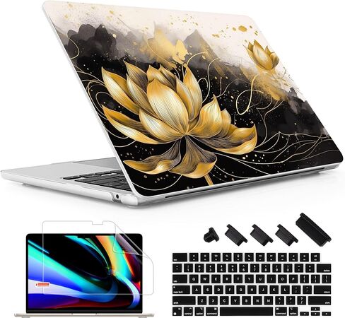 May Chen for MacBook Air M4 M3 M2 13.6 inch Case 2025 2024 2023 2022 Release, Models: A3240 A3113 A2681, Flexible Plastic Case for M4 13.6" Laptop, Hard Shell with Keyboard Cover, Golden Lotus in Kuwait