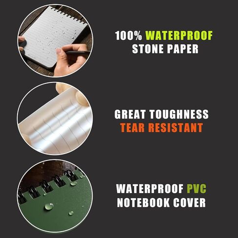 Waterproof Notebook, 3" x 5" All Weather Pocket Notepad, Small Top Spiral Memo Notebook with 80 Waterproof Lined Pages for Outdoor Activities Home Office College School (Black+Green+Orange - 3 Pack) in Kuwait