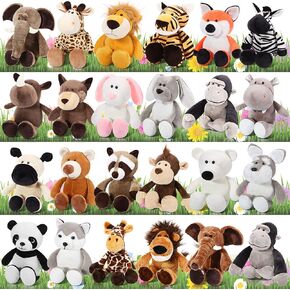24 Pcs Plush Safari Stuffed Animal Set 10 Inch Cute Plush Jungle Animal Toys Lion Elephant Tiger Giraffe Zebra Panda for Boys Girls Classroom Prize Awards Birthday Party Supplies