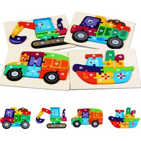 Wooden Puzzles for Toddlers 3-5, Toddler Puzzles Ages 2-4 Transportation Puzzles Toys, 4-Pack Toddler Puzzle Toddler Toys for 2, 3, 4, 5 Year Old Boys Girls