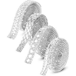 Molain 4 Rolls Self-Adhesive Shiny Rhinestone Ribbons, 1 Yards Bling Crystal Rhinestone Diamond Ribbon Silver Rhinestone Strips for DIY Crafts Wedding Decoration