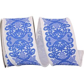 Reliant Ribbon 93861W-685-40F Regal Filigree Printed Dupioni Wired Edge Ribbon, 2-1/2 Inch X 10 Yards, White/Blue