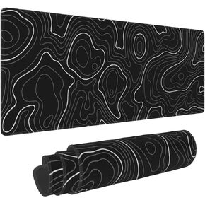 Topographic Contour Gaming Mouse Pad 35.4 X 15.7 Inch XXL Black Geographic Map Lines Full Des Mousepad Extended Large Non-Slip Rubber Base Keyboard Mat with Stitched Edges for Home Office