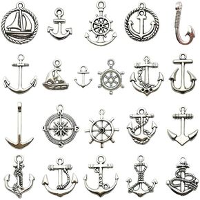 Beddinginn 20 Style Nautical Anchor Charms, 40pcs Mixed Ship Anchor Wheel Pendants Beads Charms for DIY Necklace Bracelet Jewelry Making Accessories, Antique Silver