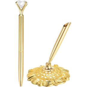 PATIKIL Hollow Round Pen Holder Signing Pen Set, Wedding Pen with Big Crystal Diamond and Pen Holder for Wedding Guests Book Engagement Opening Ceremony, Gold Tone