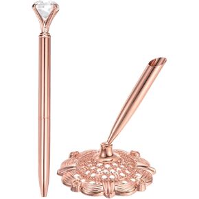 PATIKIL Hollow Round Pen Holder Signing Pen Set, Wedding Pen with Big Crystal Diamond and Pen Holder for Wedding Guests Book Engagement Opening Ceremony, Gold Tone in Kuwait