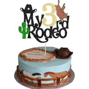 1Pc Cowboy 3rd Birthday Cake Topper Glitter Third Birthday Hat Cowboy Three Cake Decorations for Western Theme Baby Shower Kids Boys 3rd Birthday Party Supplies