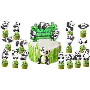 16PCS Panda Bear Cake Decorations Set, Cute Panda Happy Birthday Cake Topper with Cupcake Toppers, Cupcake Picks Decorations for Kids Girls Boys Panda Theme Birthday Baby Shower Party Supplies