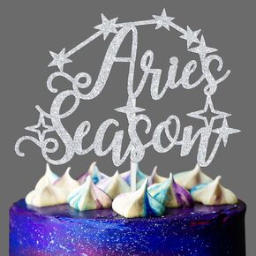 Aries Season Cake Topper ، Big Aries Energy/March April عيد ميلاد ديكور كعكة عيد ميلاد ، 12 زودياك كوكبة عيد ميلاد إمدادات زخرفة للرجال للنساء ، بريق الفضة